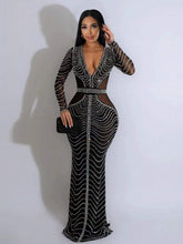 1pc Women Deep V-Neck Long Sleeve Mesh Panel Fishtail Hem Embellished Rhinestone Sparkle Dress